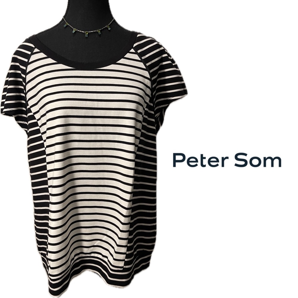 Peter Som DesigNation St Barth’s Short Sleeve Black & White Stripe Shirt Top Tee